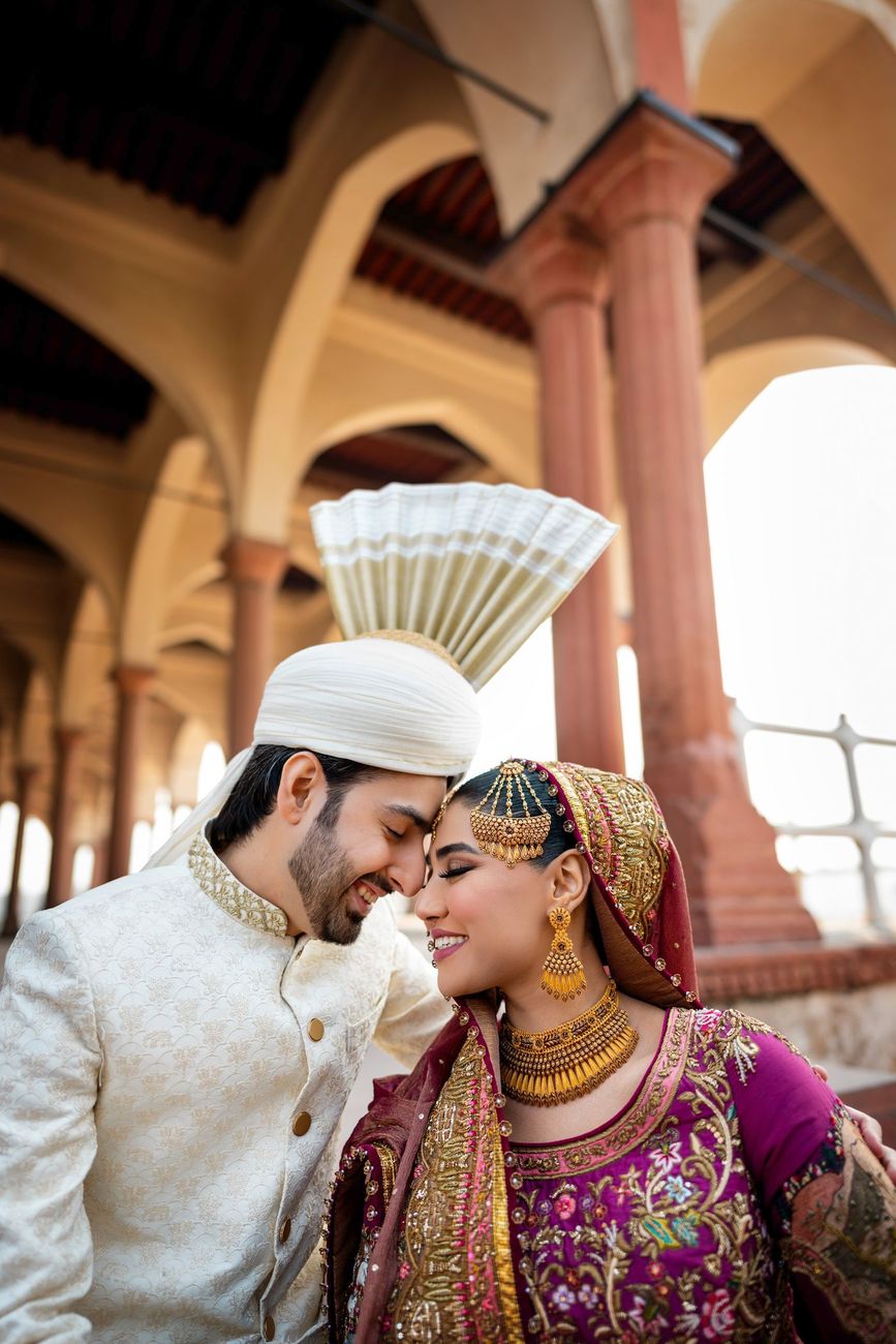 Close-up of bride and groom touching foreheads and smiling beneath the fort's arched colonnade, Samar & Anoosh's wedding at Lahore Fort