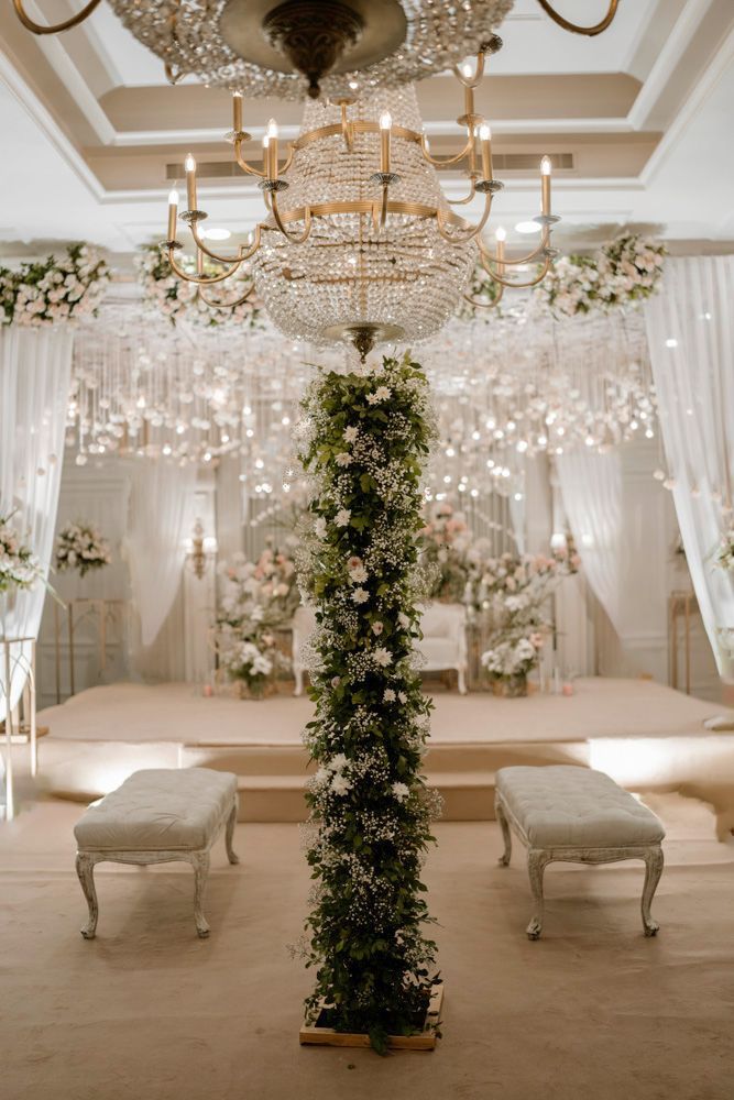 Detail of a crystal chandelier above a floral column on the reception stage, Sheraz & Nawal's wedding at Nishat Hotel, Lahore