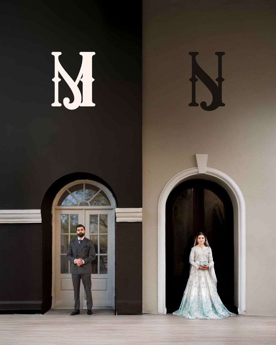 Split-frame portrait of bride and groom standing in matching arched doorways beneath their monogram initials
